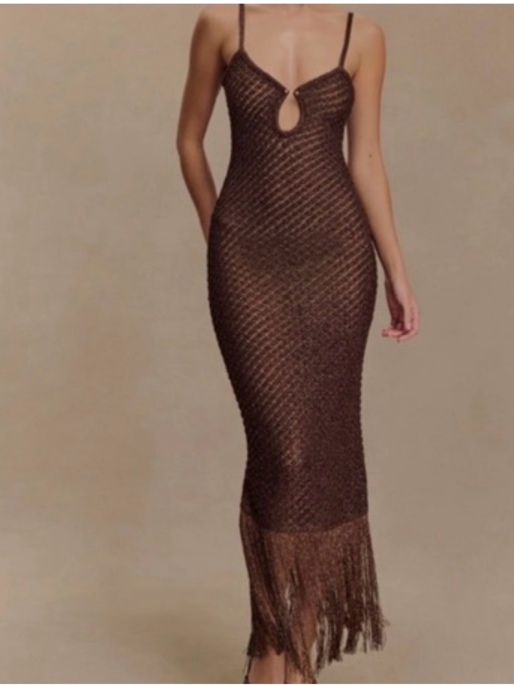 Meshki Brown Crochet Maxi Dress with Fringe
